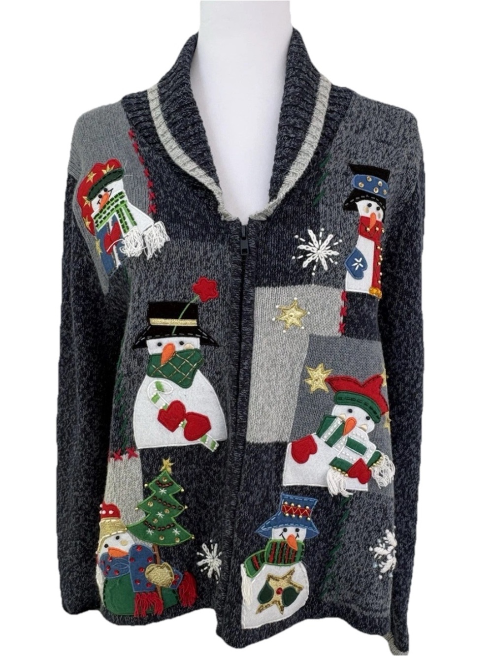 Star Blue Originals Studio Full-Zip Blue Marled Knit Christmas Sweater Size Med